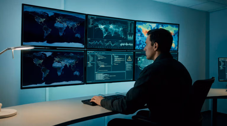Praesidio security analyst overseeing global incidents and cyber threats on six monitoring screens in a secure operations room.