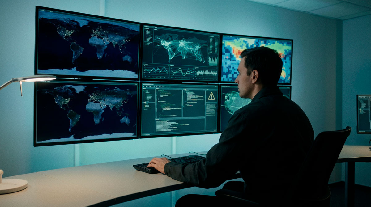 Praesidio security analyst overseeing global incidents and cyber threats on six monitoring screens in a secure operations room.