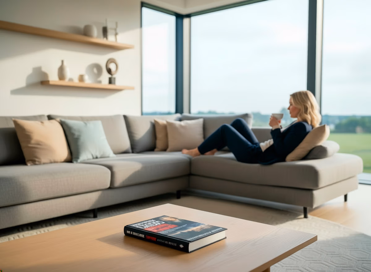 Modern Nordic living room with a woman reading in an armchair and a crisis preparedness book lying on a light wood coffee table in the foreground.