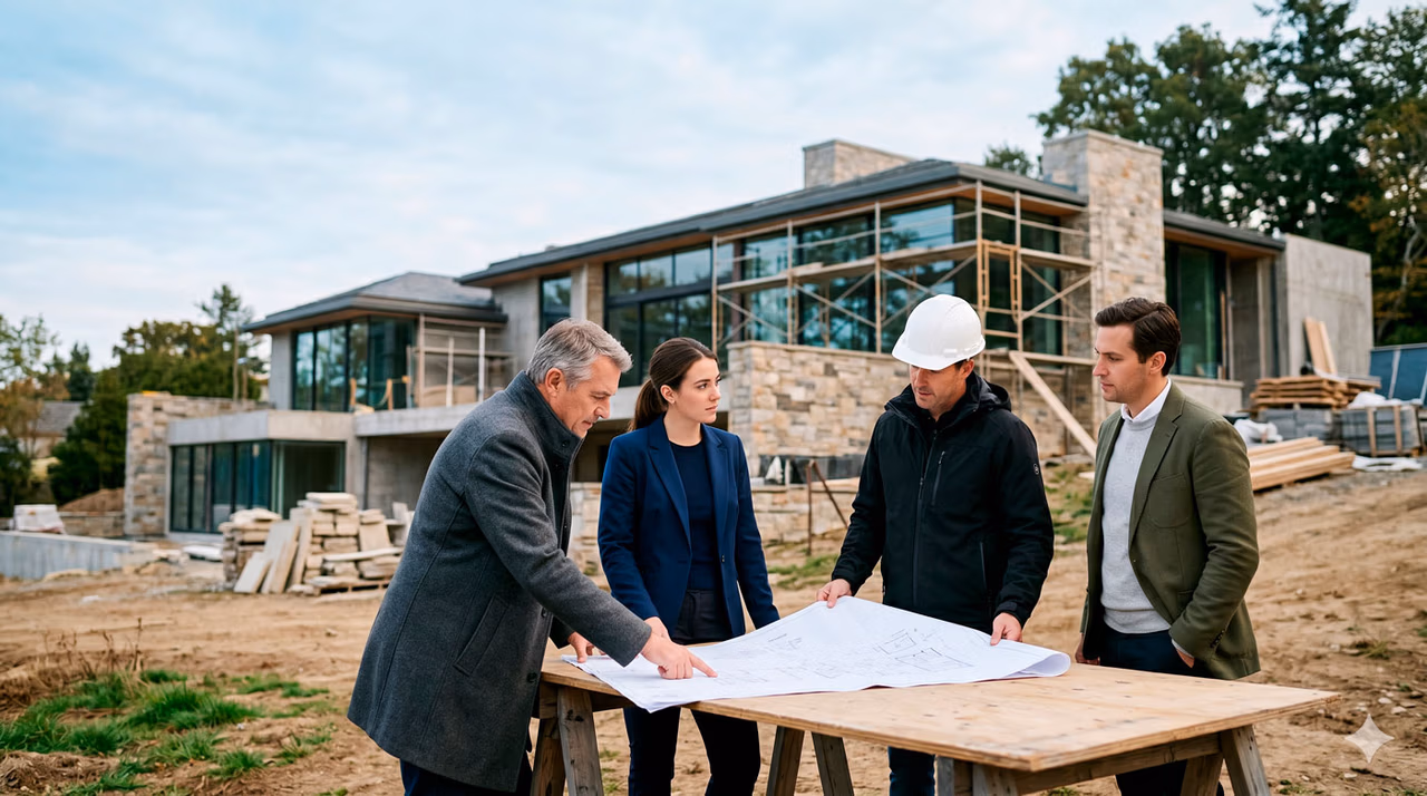 Private security architecture advisory team reviewing estate security plans at a high-end residential construction site